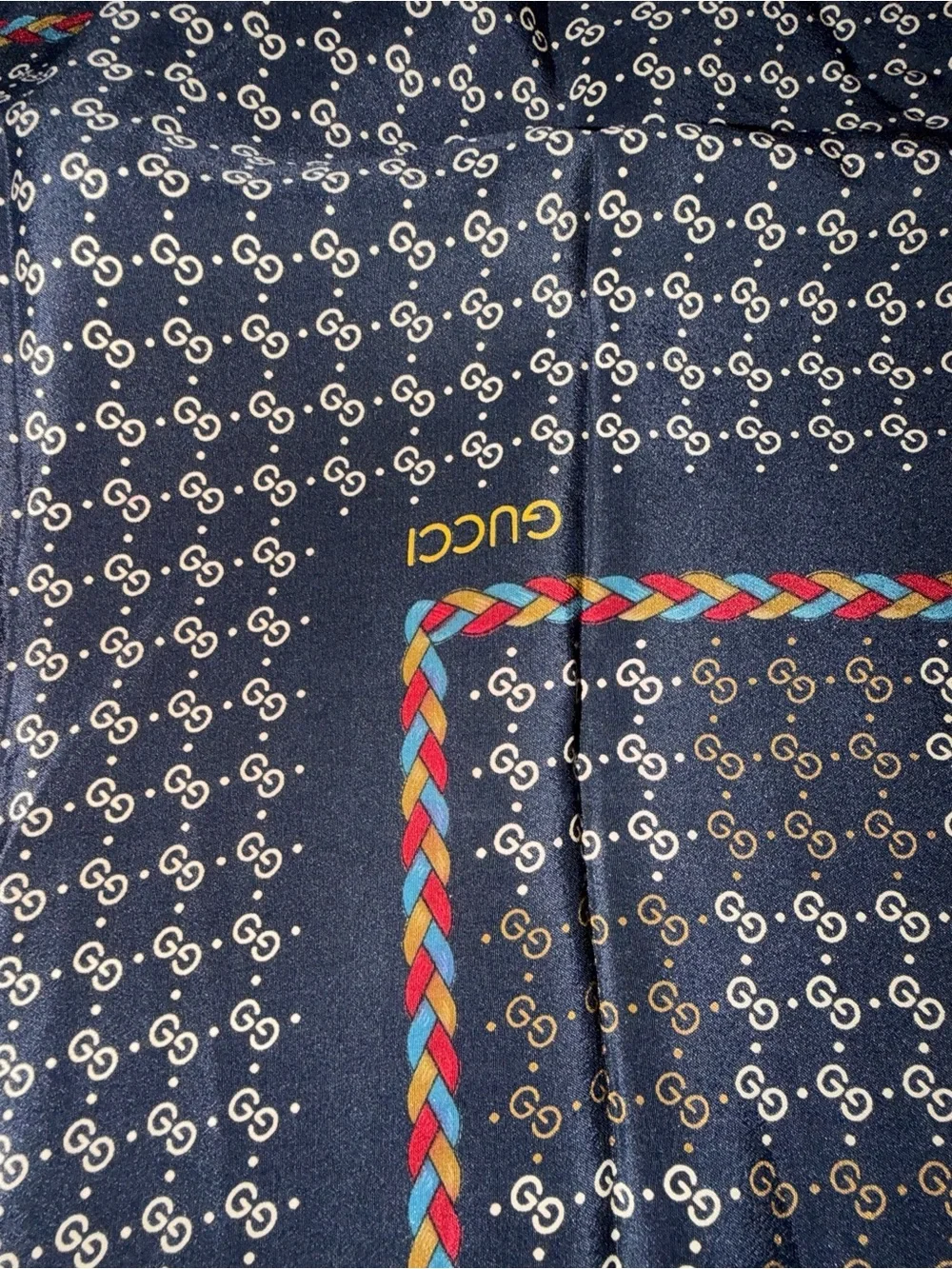 Vintage Gucci Black Silk Square Scare with Red, Green and Yellow Trim